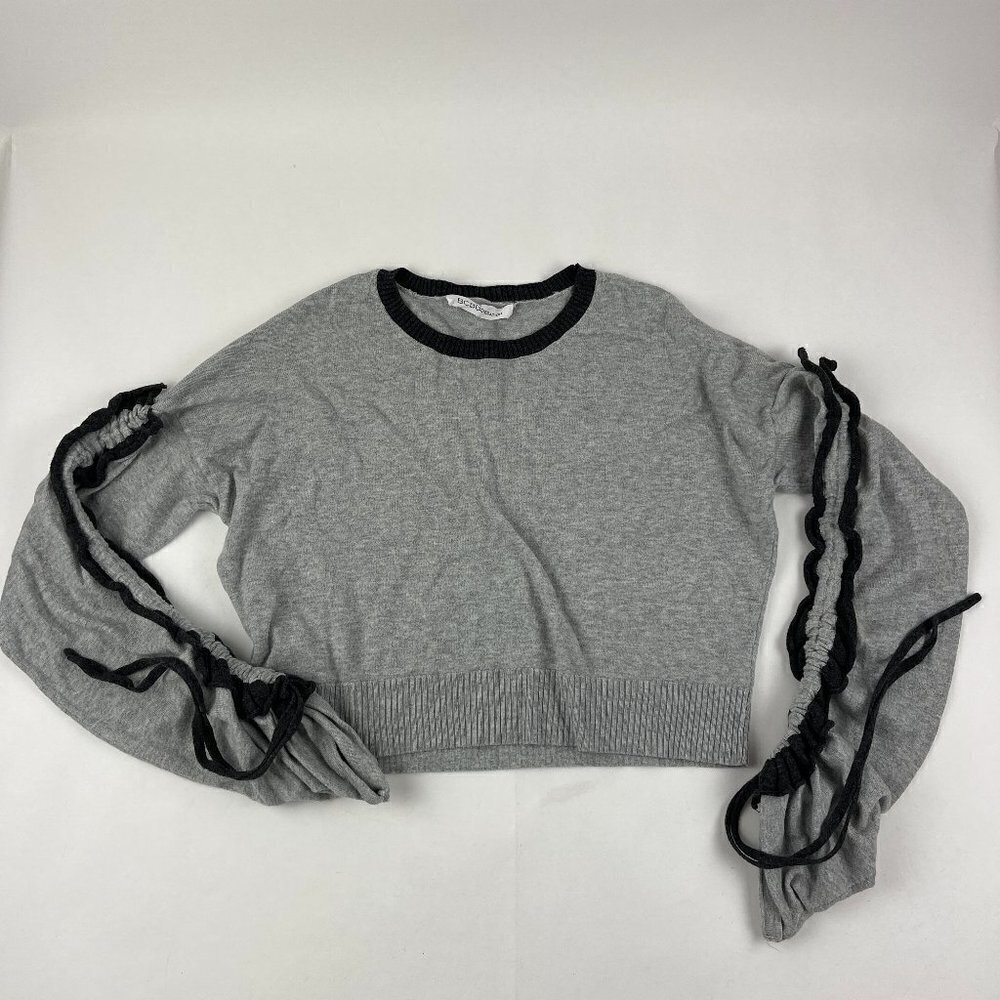 BCBGeneration Sweater Womens Crop Gray Black Ties Arm Accent Long Sleeve